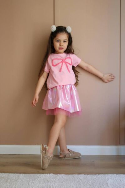 Fiyonk Detaylı Parlak Etekli Kız Çocuk Takım