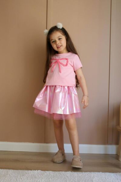 Fiyonk Detaylı Parlak Etekli Kız Çocuk Takım