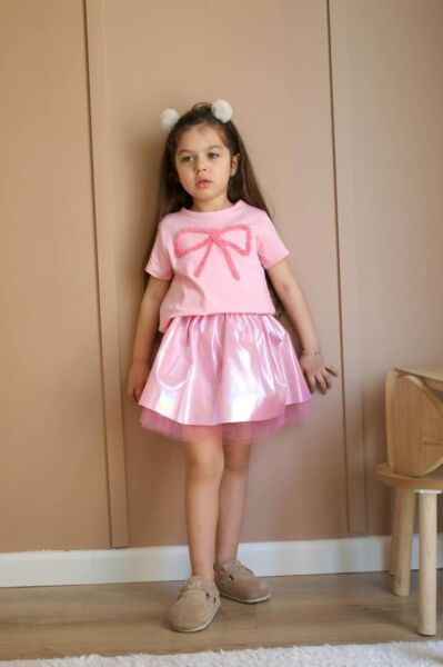 Fiyonk Detaylı Parlak Etekli Kız Çocuk Takım