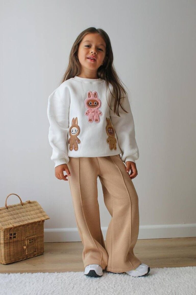 Labubu Detaylı Şardonlu Kız Çocuk Takım Kışlık Pamuklu Eşofman Takımı