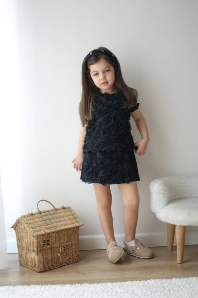 Gül Detaylı Tül Şort Etekli Kız Çocuk Alt- Üst Takım