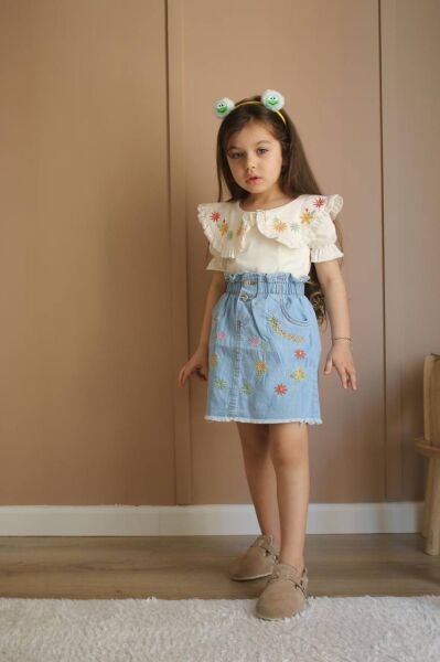 Bebe Yaka Nakışlı İşleme Detaylı Kot Etekli Kız Çocuk Alt Üst Takım