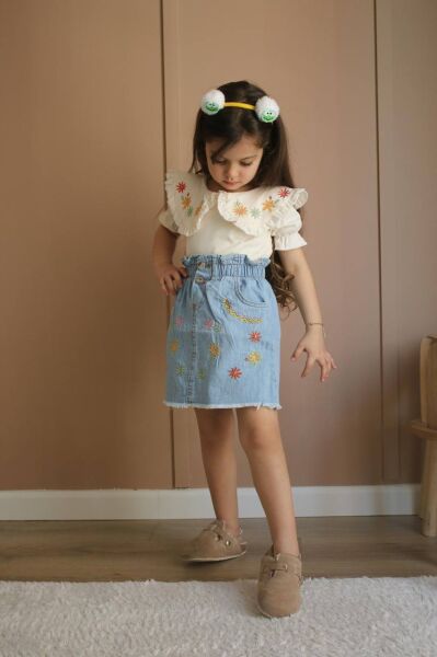 Bebe Yaka Nakışlı İşleme Detaylı Kot Etekli Kız Çocuk Alt Üst Takım