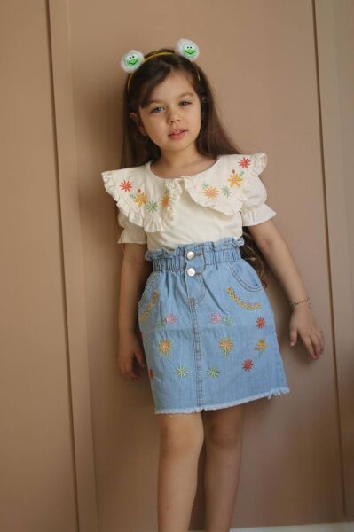 Bebe Yaka Nakışlı İşleme Detaylı Kot Etekli Kız Çocuk Alt Üst Takım