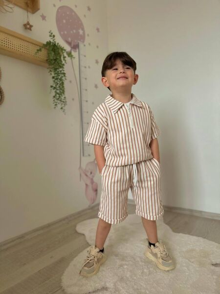 Çizgili Fermuar Detaylı Erkek Çocuk Takım Beyaz - 9-10 Yaş