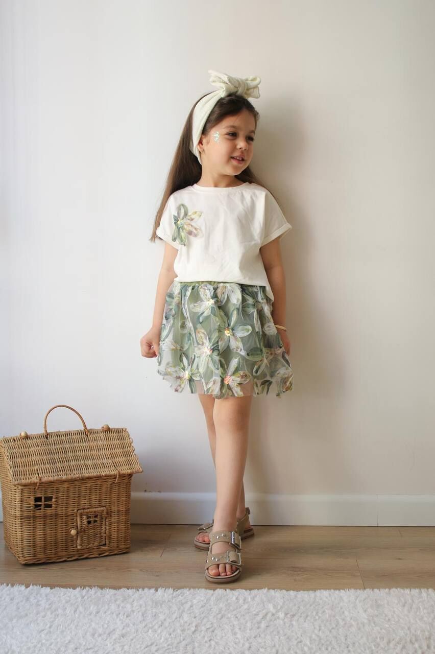 Zambak Model Kız Çocuk Kısa Kollu Etekli Takım 9-10 Yaş - Yeşil