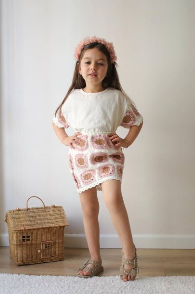 Örgü Detaylı Etekli Kız Çocuk Takım 7-8 Yaş - Krem