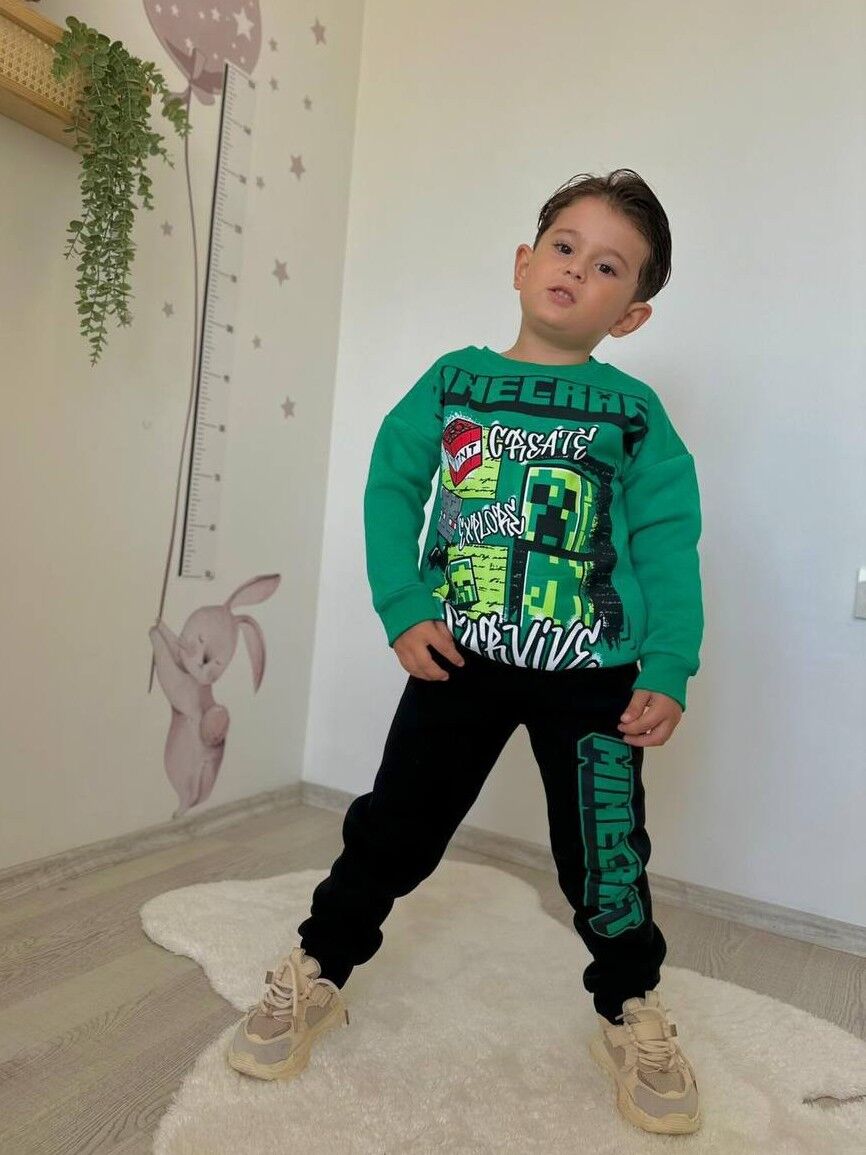 Çizgi Karakter Baskılı Şardonlu Erkek Çocuk Takım 4-5 Yaş - Yeşil