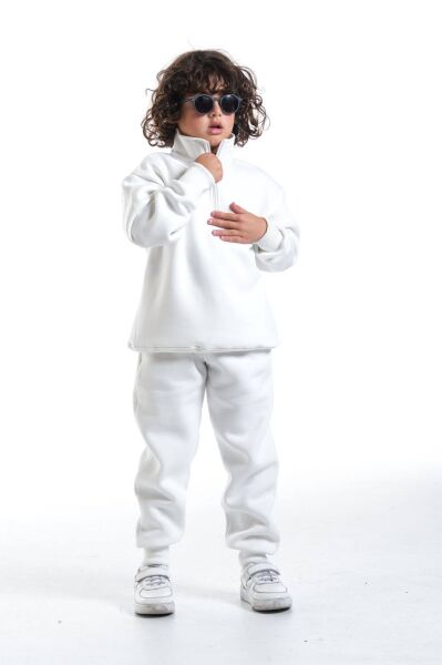 Unisex Oversize Fermuarlı Yaka Şardonlu Çocuk Takımı Beyaz - 5-6 Yaş