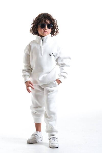 Unisex Oversize Fermuarlı Yaka Şardonlu Çocuk Takımı Beyaz - 5-6 Yaş