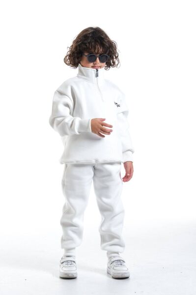 Unisex Oversize Fermuarlı Yaka Şardonlu Çocuk Takımı Beyaz - 9-10 Yaş