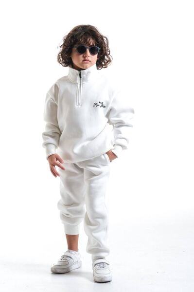 Unisex Oversize Fermuarlı Yaka Şardonlu Çocuk Takımı Beyaz - 9-10 Yaş