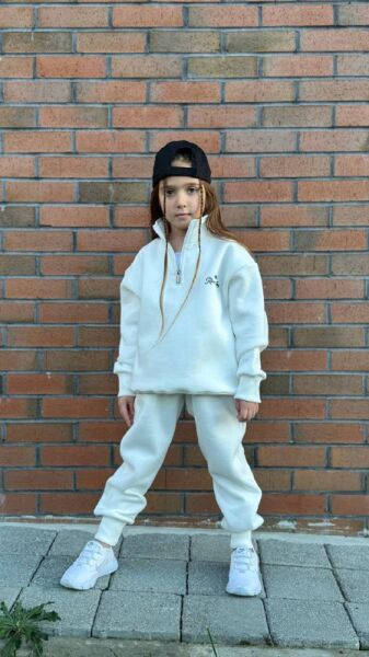 Unisex Oversize Fermuarlı Yaka Şardonlu Çocuk Takımı Beyaz - 9-10 Yaş