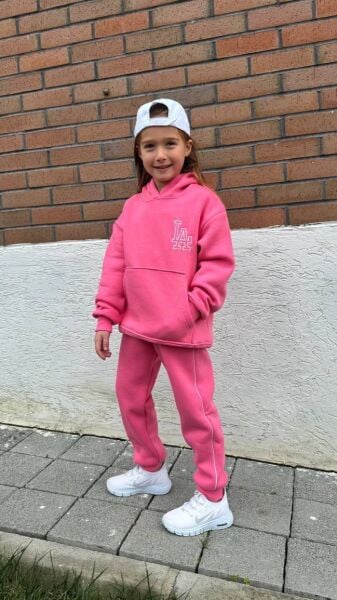 Nakış Detaylı Oversize Kanguru Cepli Kapüşonlu Şardonlu Çocuk Takımı