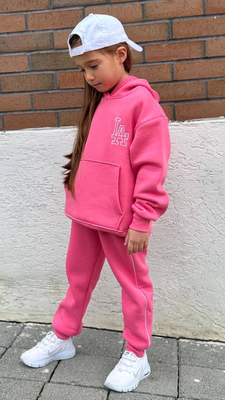 Nakış Detaylı Oversize Kanguru Cepli Kapüşonlu Şardonlu Çocuk Takımı