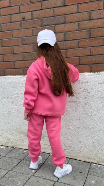 Nakış Detaylı Oversize Kanguru Cepli Kapüşonlu Şardonlu Çocuk Takımı