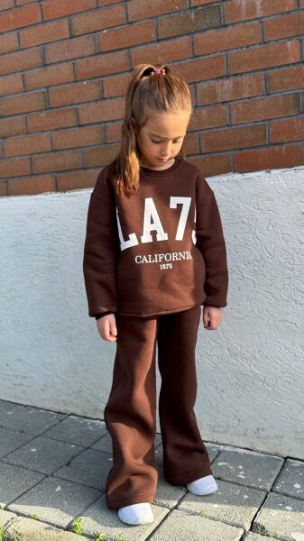Kız Çocuk Baskılı Bol Paça Şardonlu Alt Üst Takım Kahverengi - 9-10 Yaş