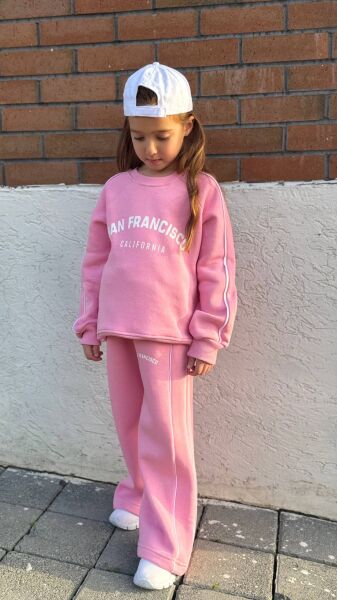 Kız Çocuk Baskılı Bol Paça Şardonlu Alt Üst Takım Pembe - 9-10 Yaş