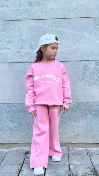 Kız Çocuk Baskılı Bol Paça Şardonlu Alt Üst Takım Pembe - 13-14 Yaş