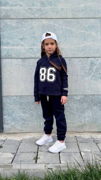 Baskılı 86 Kapüşonlu Şardonlu 3 ip Alt Üst Çocuk Eşofman Takımı