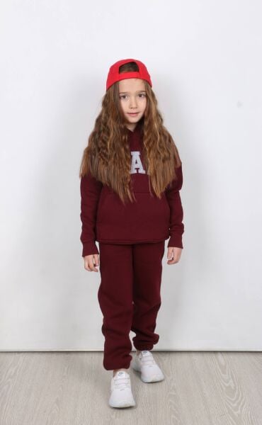 Nakış Detaylı Kanguru Cepli Kapüşonlu Üç ip Şardonlu Unisex Çocuk Takımı