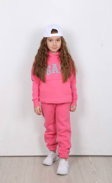 Nakış Detaylı Kanguru Cepli Kapüşonlu Üç ip Şardonlu Unisex Çocuk Takımı Pembe - 9-10 Yaş