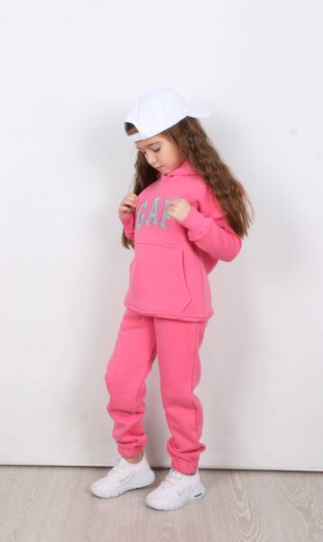 Nakış Detaylı Kanguru Cepli Kapüşonlu Üç ip Şardonlu Unisex Çocuk Takımı Pembe - 11-12 Yaş