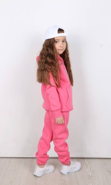 Nakış Detaylı Kanguru Cepli Kapüşonlu Üç ip Şardonlu Unisex Çocuk Takımı Pembe - 11-12 Yaş