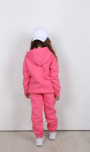 Nakış Detaylı Kanguru Cepli Kapüşonlu Üç ip Şardonlu Unisex Çocuk Takımı Pembe - 11-12 Yaş