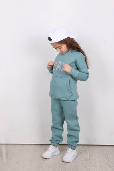 Nakış Detaylı Kanguru Cepli Kapüşonlu Üç ip Şardonlu Unisex Çocuk Takımı Mint - 5-6 Yaş
