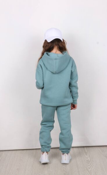 Nakış Detaylı Kanguru Cepli Kapüşonlu Üç ip Şardonlu Unisex Çocuk Takımı Mint - 9-10 Yaş