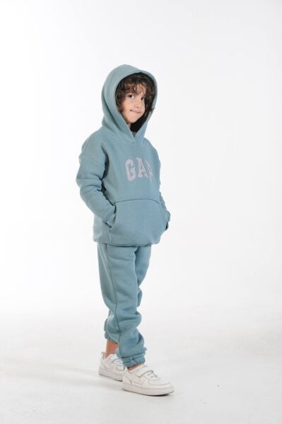 Nakış Detaylı Kanguru Cepli Kapüşonlu Üç ip Şardonlu Unisex Çocuk Takımı Mint - 9-10 Yaş