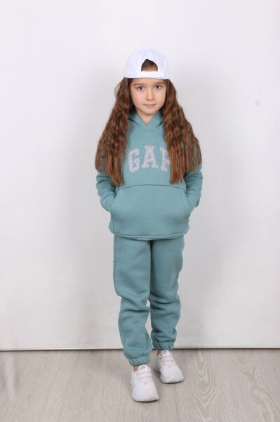 Nakış Detaylı Kanguru Cepli Kapüşonlu Üç ip Şardonlu Unisex Çocuk Takımı Mint - 13-14 Yaş