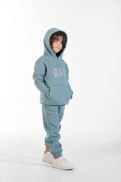 Nakış Detaylı Kanguru Cepli Kapüşonlu Üç ip Şardonlu Unisex Çocuk Takımı Mint - 13-14 Yaş