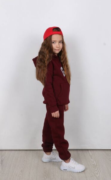Nakış Detaylı Kanguru Cepli Kapüşonlu Üç ip Şardonlu Unisex Çocuk Takımı Bordo - 11-12 Yaş