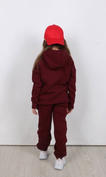 Nakış Detaylı Kanguru Cepli Kapüşonlu Üç ip Şardonlu Unisex Çocuk Takımı Bordo - 11-12 Yaş