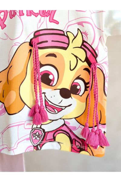 Karakterli Baskılı Örgü Dataylı Kız Çocuk Kısa Kollu Taytlı Takım