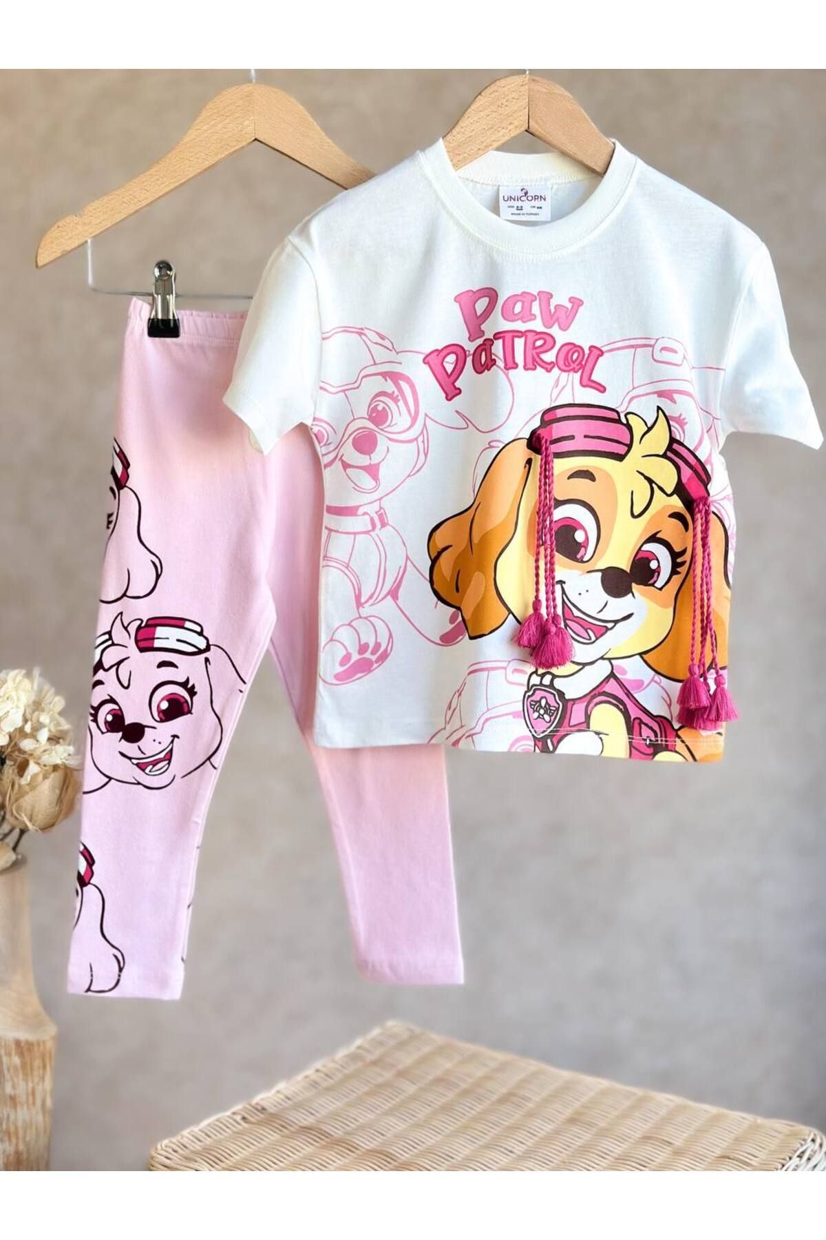 Karakterli Baskılı Örgü Dataylı Kız Çocuk Kısa Kollu Taytlı Takım