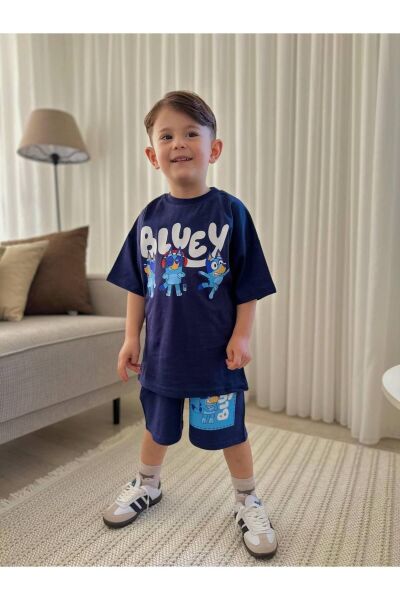 Bluey Çizgi Karakter Sırt Baskılı Yazlık Alt-Üst Takım Lacivert - 5-6 Yaş