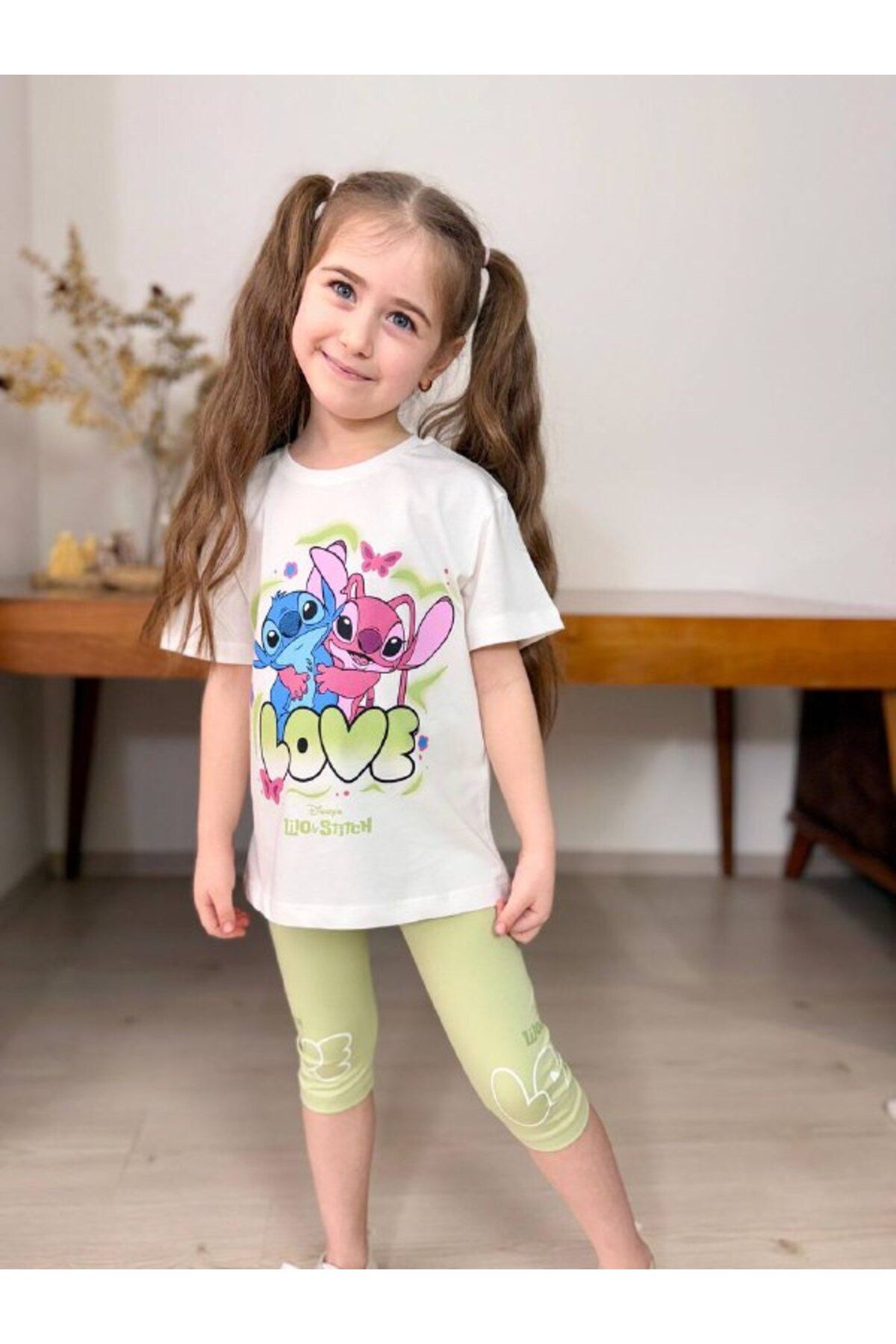 Love Baskılı Kapri Tayt Kız Çocuk Takım Yeşil - 7-8 Yaş
