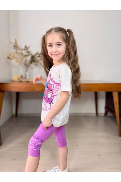 Love Baskılı Kapri Tayt Kız Çocuk Takım Mürdüm - 4-5 Yaş