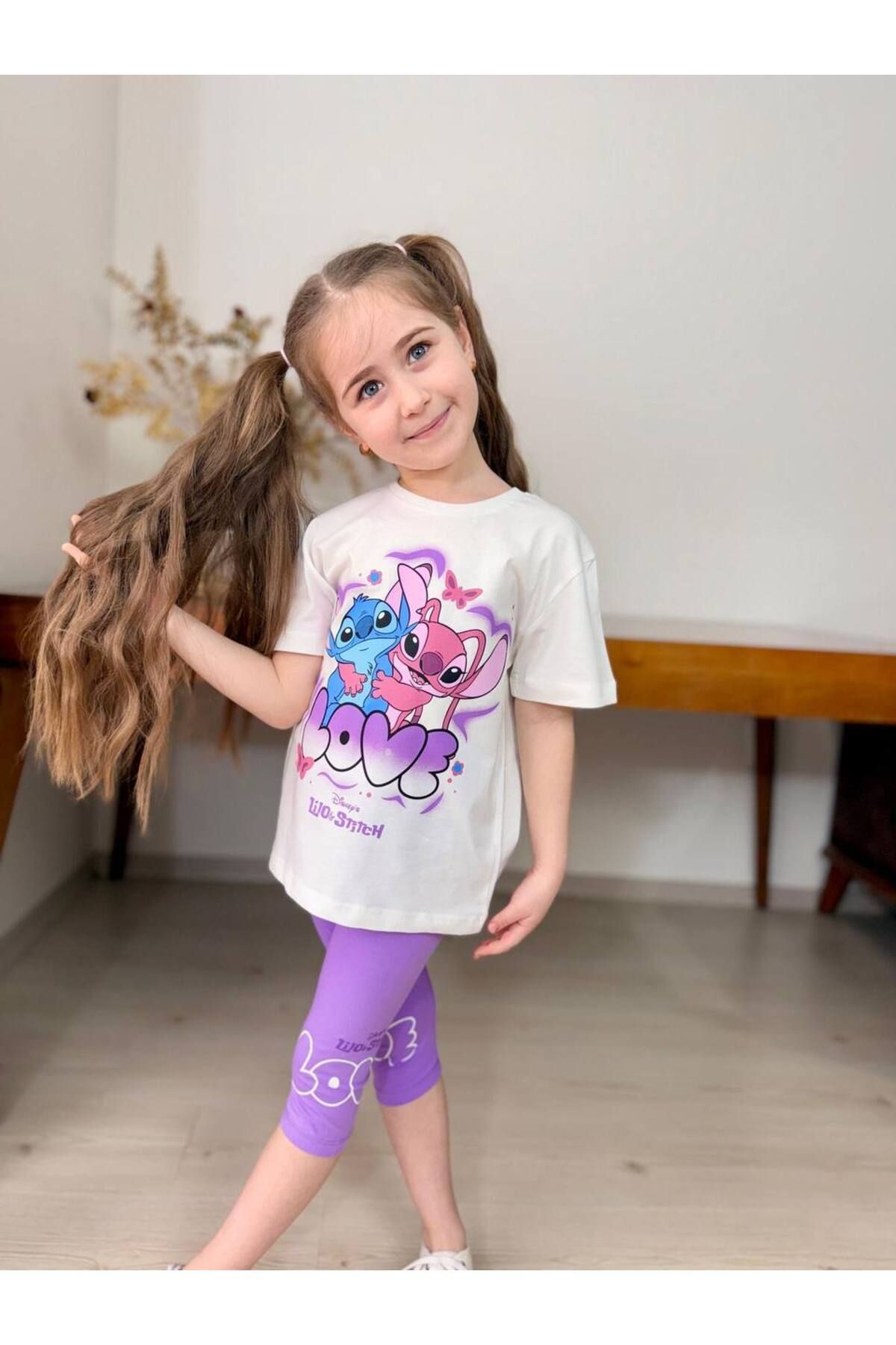 Love Baskılı Kapri Tayt Kız Çocuk Takım Lila - 4-5 Yaş