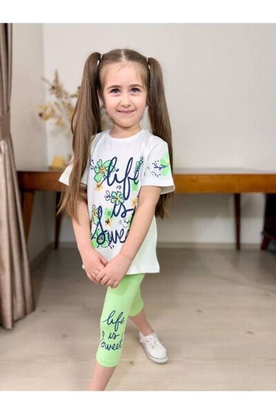 Life Çiçek Baskılı Kaprili Kız Çocuk Takım Yeşil - 5-6 Yaş