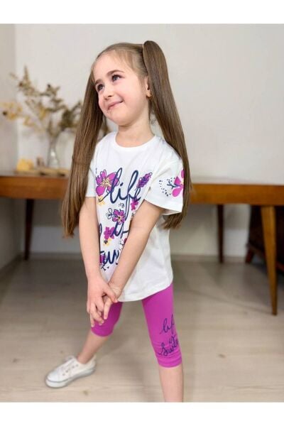 Life Çiçek Baskılı Kaprili Kız Çocuk Takım Fuşya - 3-4 Yaş