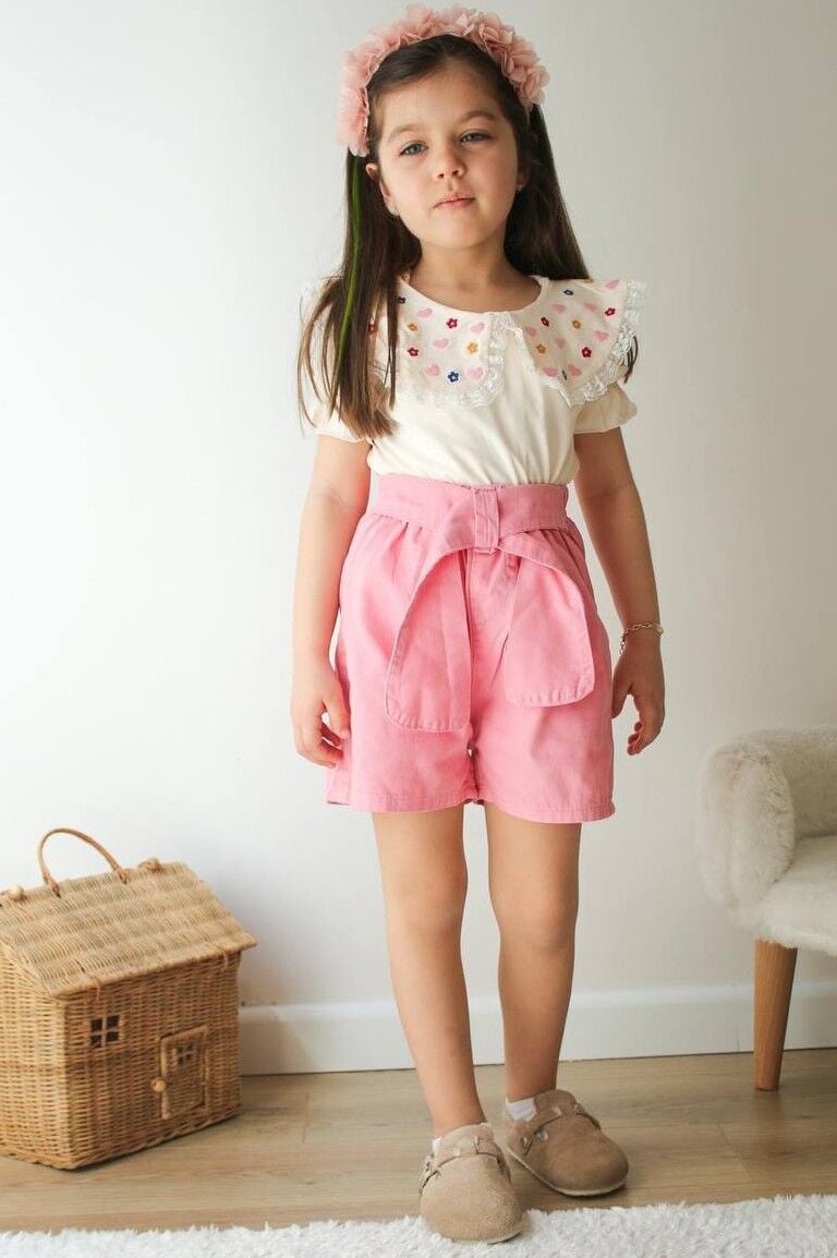 Bebe Yaka Nakış İşleme Kot Şortlu Kız Çocuk Alt Üst Takım Pembe - 9-10 Yaş