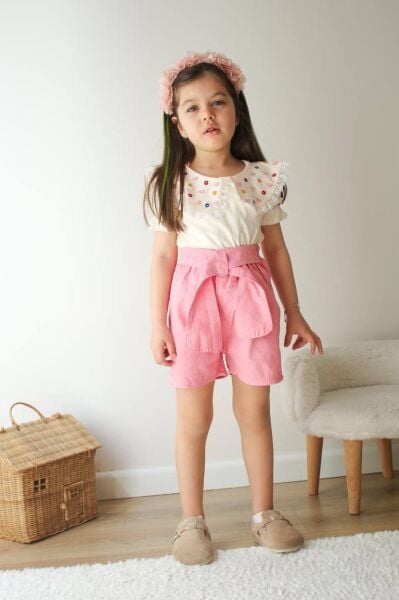 Bebe Yaka Nakış İşleme Kot Şortlu Kız Çocuk Alt Üst Takım Pembe - 9-10 Yaş