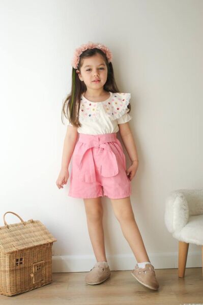 Bebe Yaka Nakış İşleme Kot Şortlu Kız Çocuk Alt Üst Takım Pembe - 9-10 Yaş