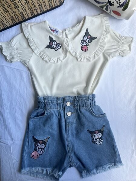 Bebe Yaka Nakışlı İşleme Detaylı Kot Etekli Kız Çocuk Alt Üst Takım Beyaz - 5-6 Yaş