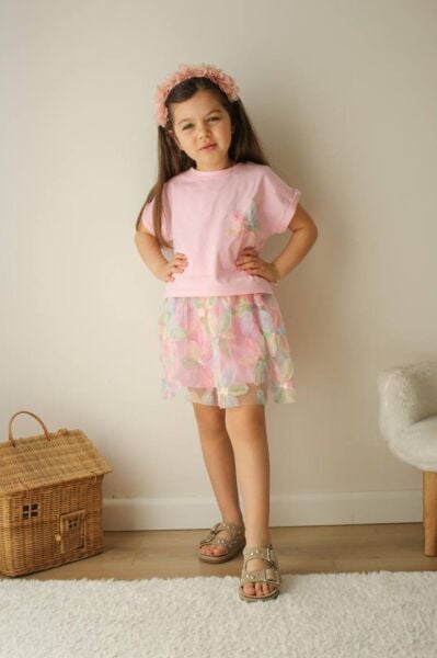 Zambak Model Kız Çocuk Kısa Kollu Etekli Takım Pembe - 9-10 Yaş