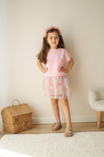 Zambak Model Kız Çocuk Kısa Kollu Etekli Takım Pembe - 9-10 Yaş